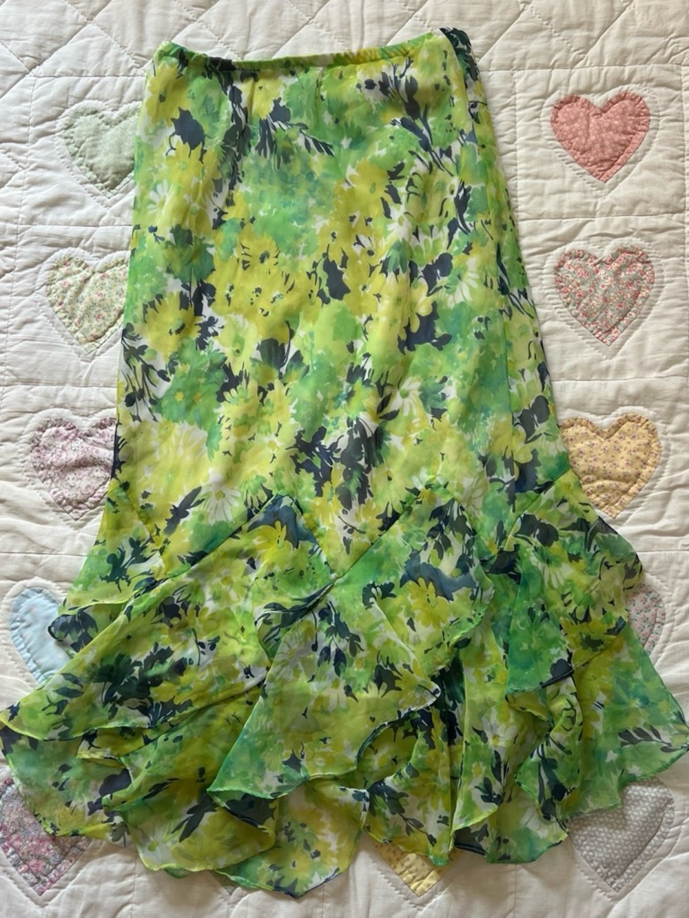 Green floral midi skirt ruffle hem fairy core size 4P lined chiffon floral